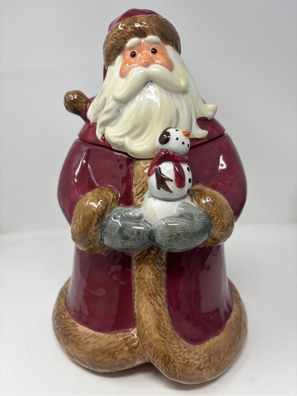 Christmas Holiday Santa Holding Snowman Cookie Jar Ceramic